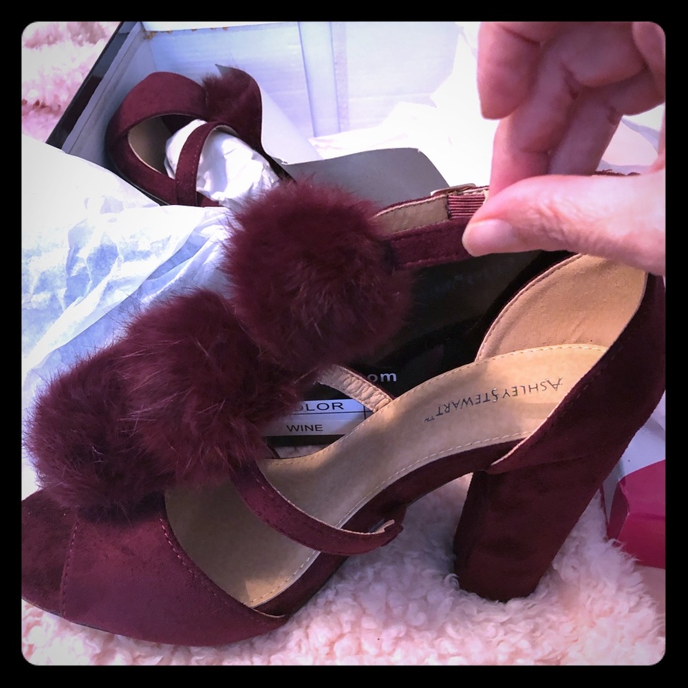 Ashley Stewart Wine color pom pom heels